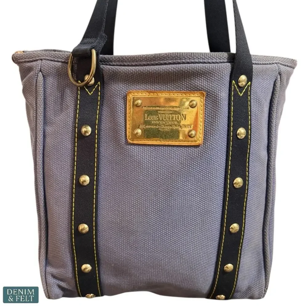 LOUIS VUITTON Antigua Cabas MM‎ Blue Canvas Tote Bag Studded Hardware Vintage